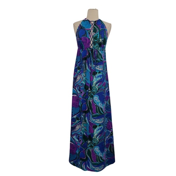 Vintage 60s? 70s? Fumi's at Waikiki Hawaiian Maxi Dress Sz XS Lace-up Leaf Water - Picture 1 of 8
